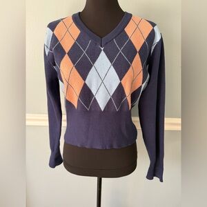 Papaya Navy V-Neck Argyle Sweater with Peach & Light Blue Diamonds L